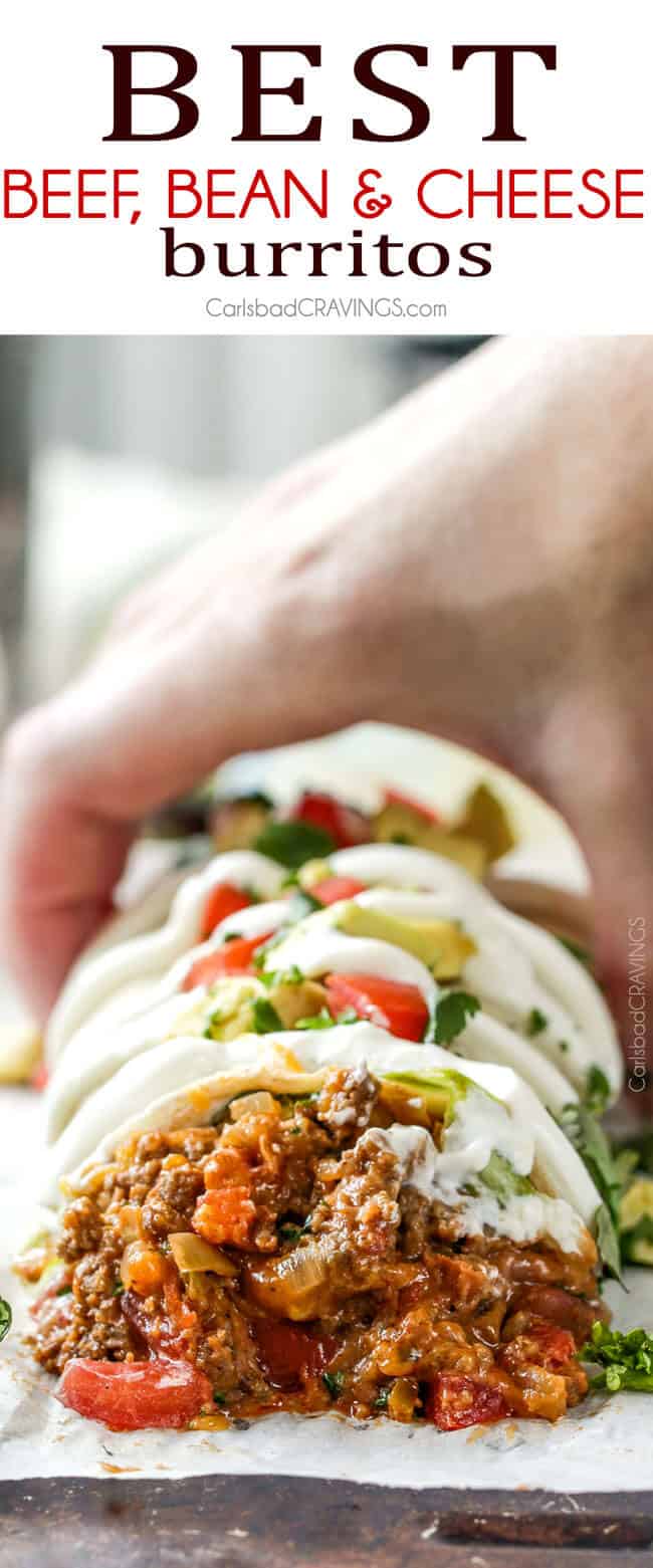 Quick, easy, comforting, inexpensive Beef and Bean Burritos stuffed with the BEST FILLING you will be eating with a spoon! #cincodemayo #30minutemeals