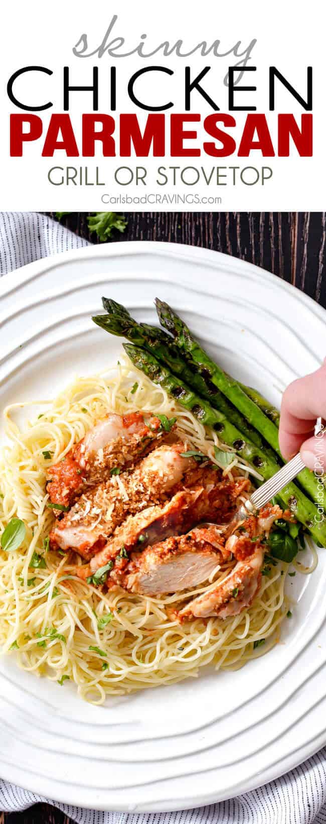 My whole family loves this Skinny Chicken Parmesan! Its packed with flavor and so much EASIER than breading each chicken piece! I will never make "traditional" Chicken Parmesan again