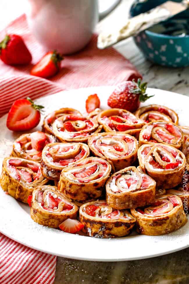 A full platter of Flatbread French Toast Roll Ups or French Toast Pinwheels