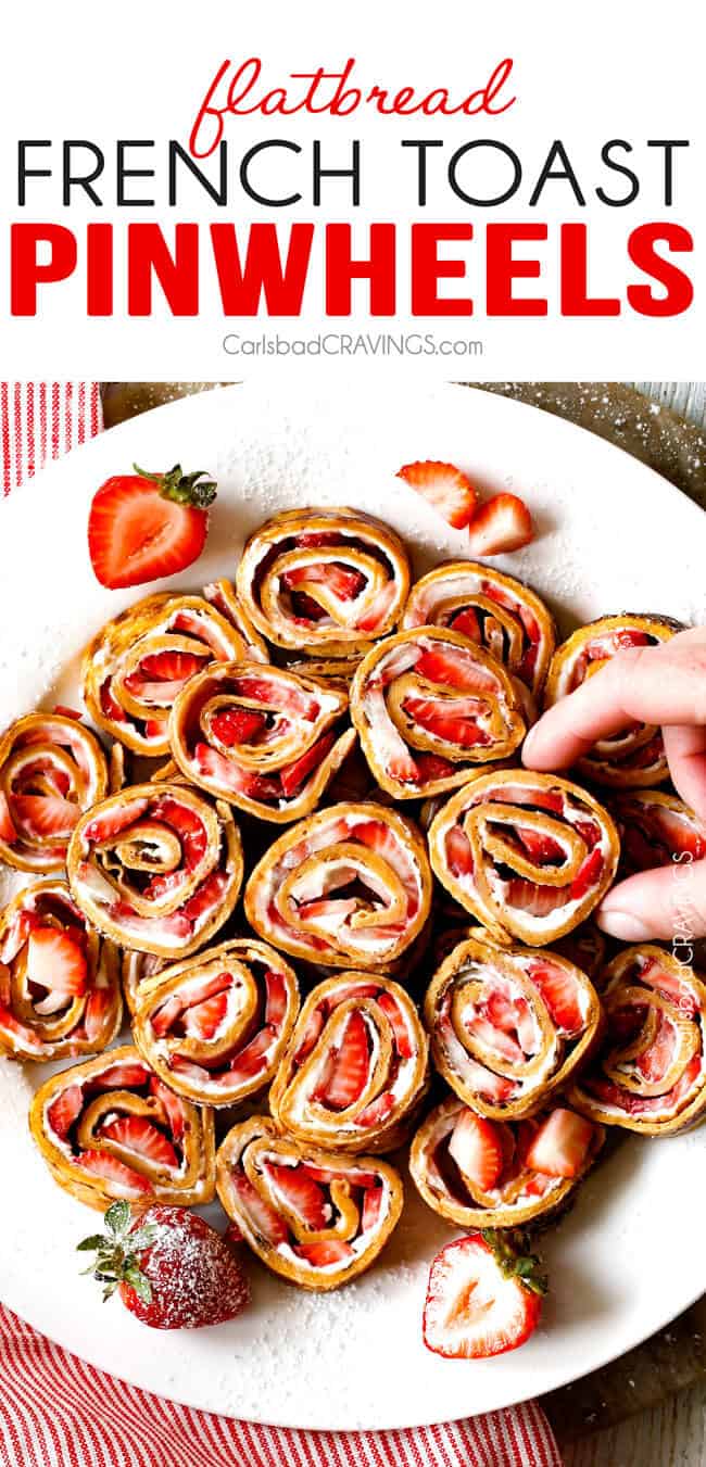 Flatbread French Toast Roll Ups or French Toast Pinwheels on a plate.