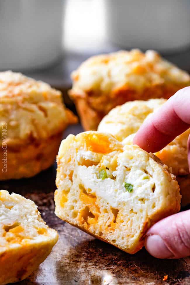 Close up of a Jalapeno Popper Cheese Muffins cut in half. 