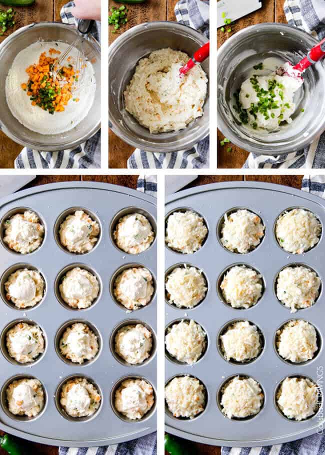 Showing how to make Jalapeno Popper Cheese Muffins by mixing the ingredients. 