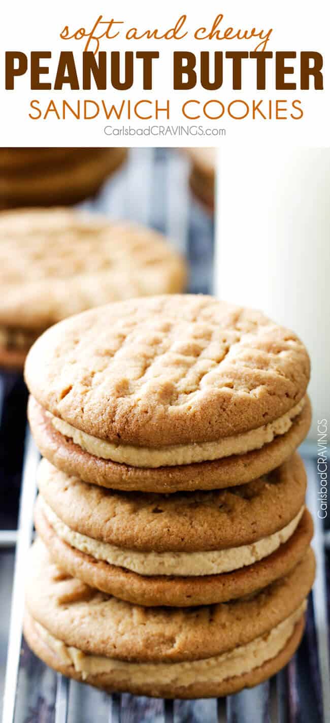 a stack of soft and chewy peanut butter cookies