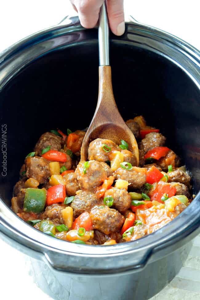 Showing how to make Slow Cooker Pineapple Stuffed Hawaiian Meatballs in a slow cooker. 