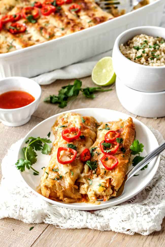 These Sweet chili Chicken Enchiladas are AMAZING! My whole family loves them and I always make them for company. The sauce is out of this world!