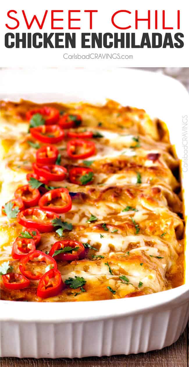 These Sweet chili Chicken Enchiladas are AMAZING! My whole family loves them and I always make them for company. The sauce is out of this world!