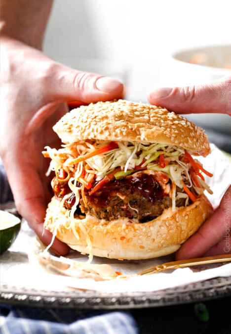 These crazy juicy Asian Burgers are so bursting with flavor you barely need to add anything and its one of the quickest dinners you will make! The hoisin ketchup, Garlic Chili Mayo and Asian Slaw are also amazing! Definitely making these for my next BBQ!