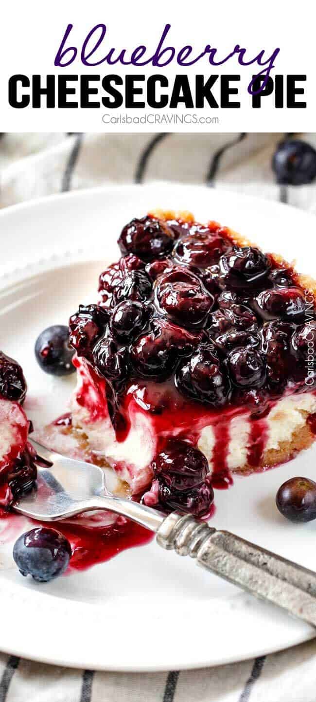 easy blueberry cheesecake on a white plate with a bite taken out of it