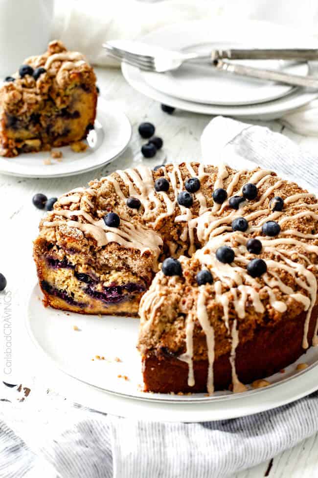 I've died and gone to heaven! This EASY Blueberry Muffin Cake is like a giant blueberry muffin and the Maple Cream Cheese Glaze is amazing! Everyone always asks me to make this for brunch!