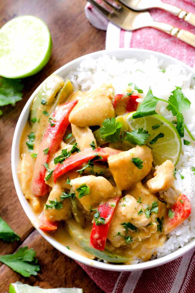 Chicken in Coconut Mango Verde Sauce in a bowl of rice.