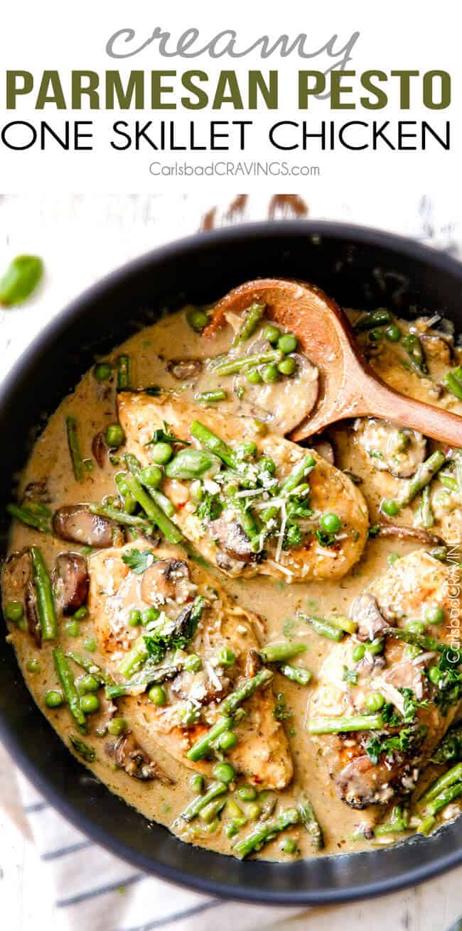 Creamy Parmesan Pesto Chicken Skillet - this is the BEST one skillet Chicken! the chicken is rubbed in pesto/Parmesan for amazing flavor and the sauce is the creamiest, most flavorful, all done in 30 minutes! I love mine with pasta, my husband loves his with potatoes!
