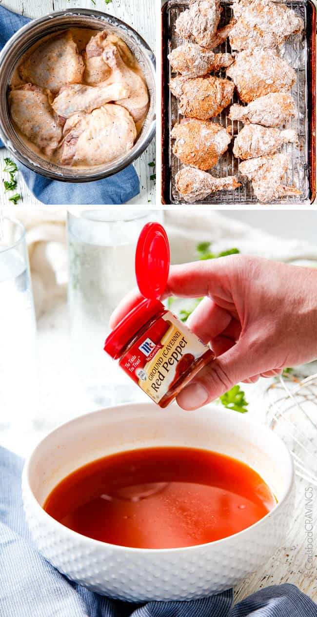 collage showing steps to making homemade nashville chicken 