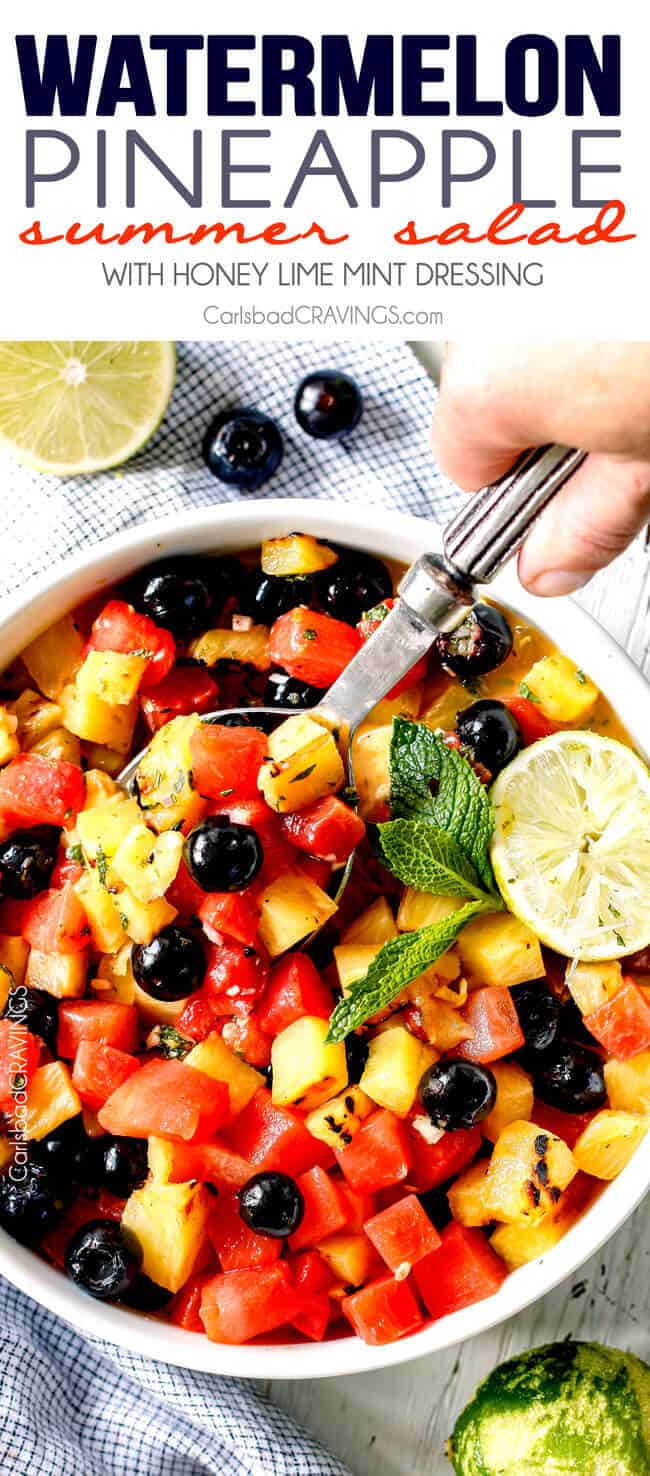 top view of Summer Fruit Salad with watermelon and pineapple in a white bowl