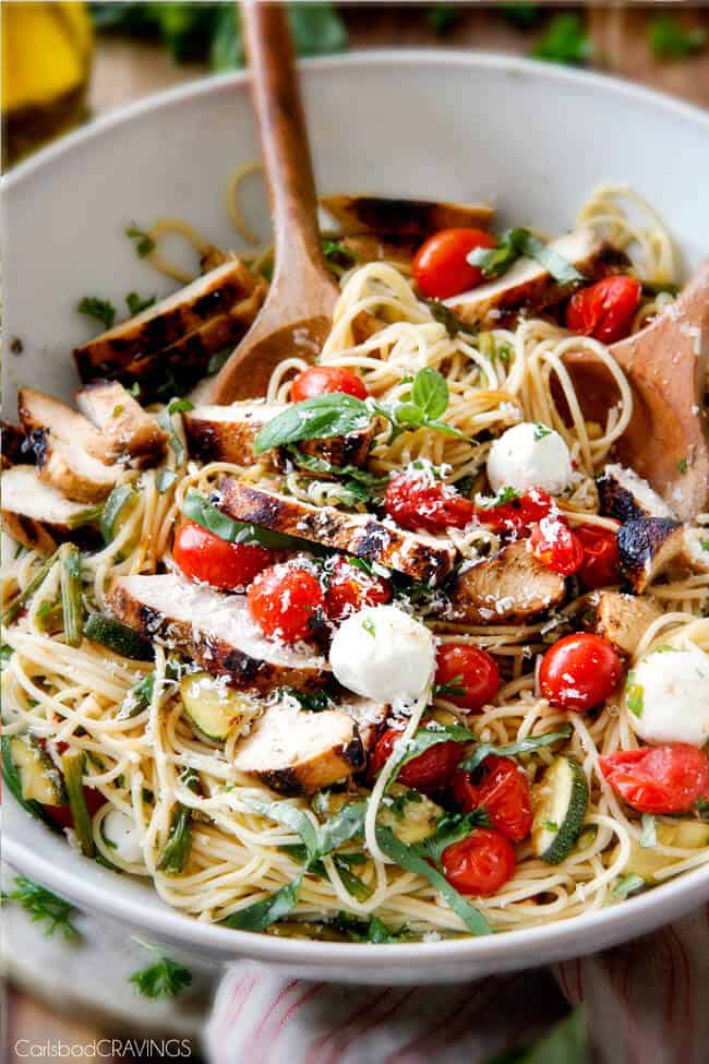 Close up of Caprese Chicken Pasta in a bowl.