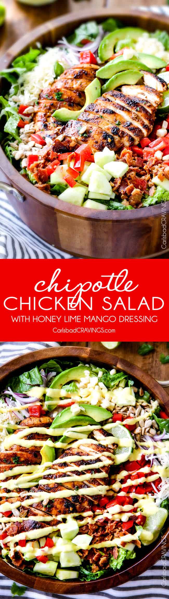 Chipotle Kipsalade met honing Mango Dressing-ik hunker eigenlijk naar deze salade is zo goed! De Chipotle chicken is super sappig en smaakvol met precies de juiste hoeveelheid kick en de mango dressing is zo zoet, pittig en verfrissend en ik hou van de toevoeging van Monterrey Jack Cheese en zonnebloempitten! Mijn vrienden vragen me altijd om dit voor hen te maken!