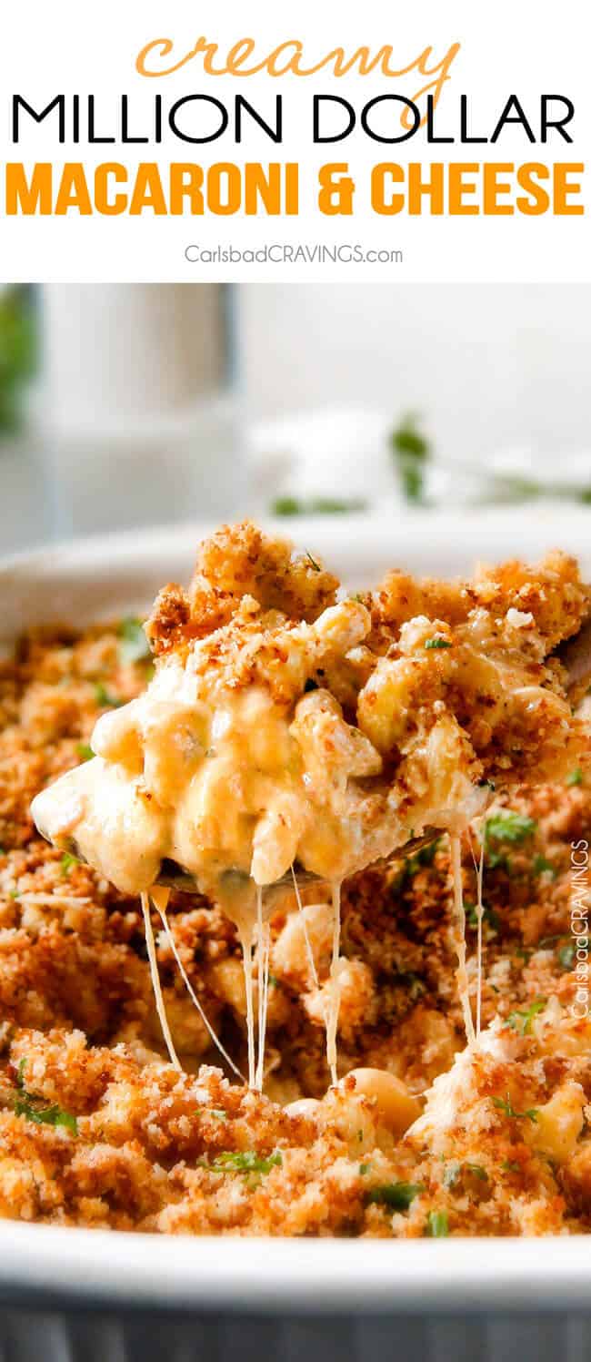 This mega creamy Million Dollar Macaroni and Cheese Casserole is the only macaroni cheese recipe you will ever want to make! make this for guests or family and they will love you forever! The homemade sauce itself is rich and crazy creamy and the casserole is stuffed with a hidden layer of provolone cheese and sour cream that melts when baked for a ridiculous amount of velvety creamy, cheesy goodness.