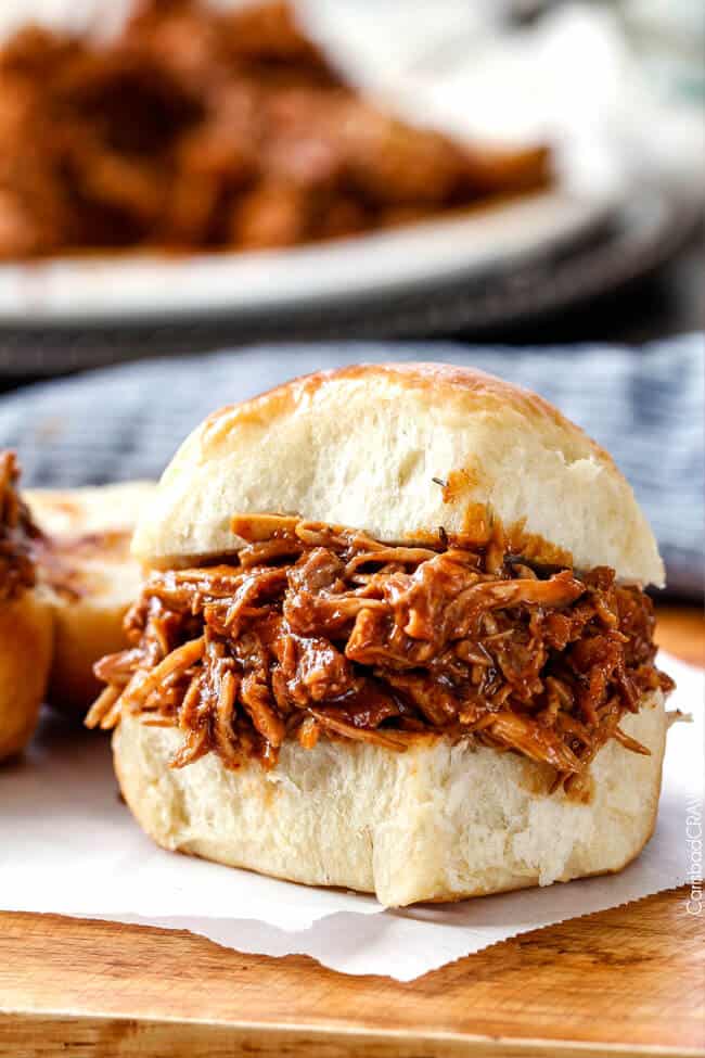 bbq pulled chicken slider on parchment paper