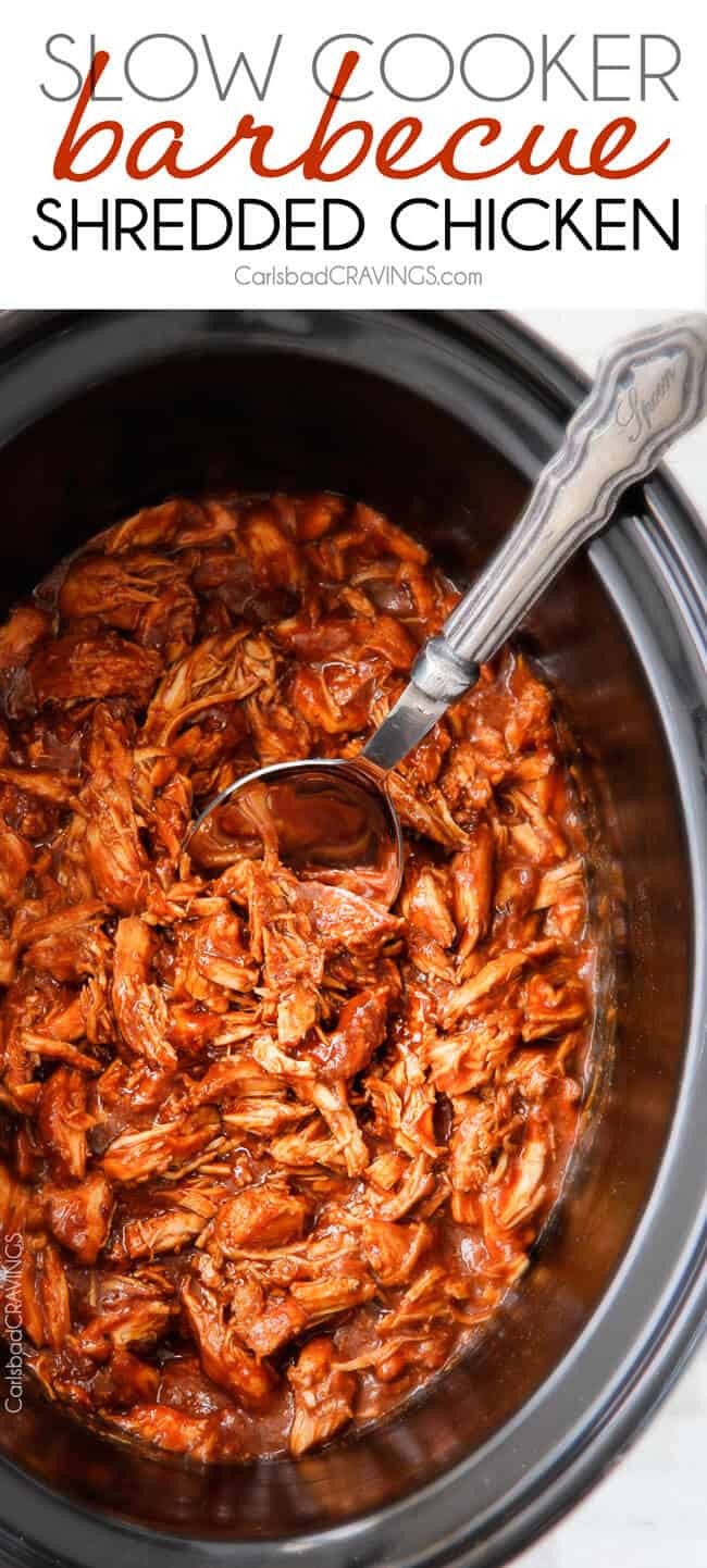 overhead view of crockpot shredded bbq chicken 