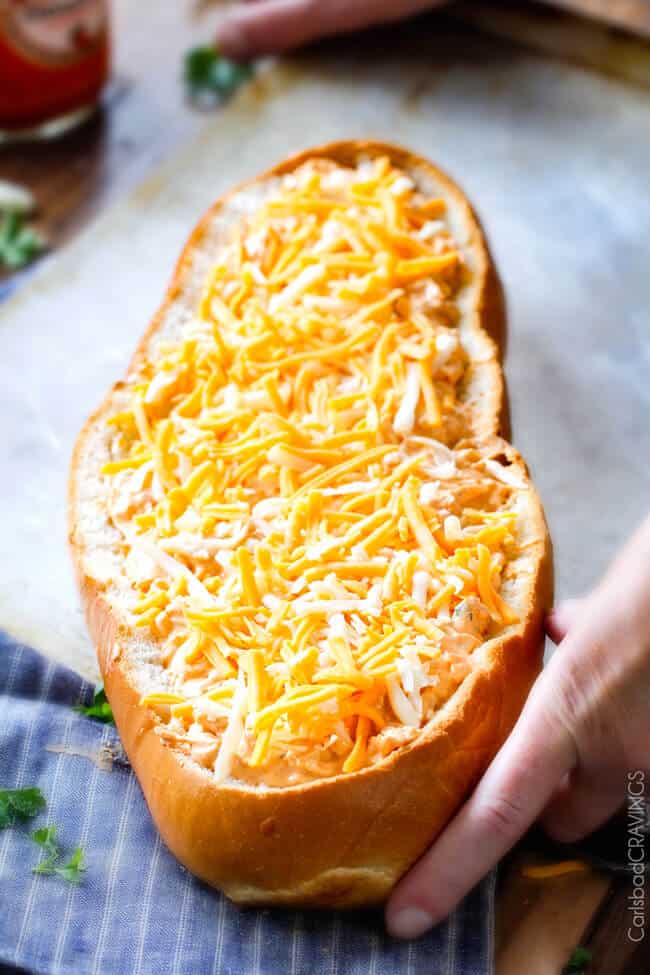 Buffalo Chicken Dip (Stuffed French Bread) - Carlsbad Cravings