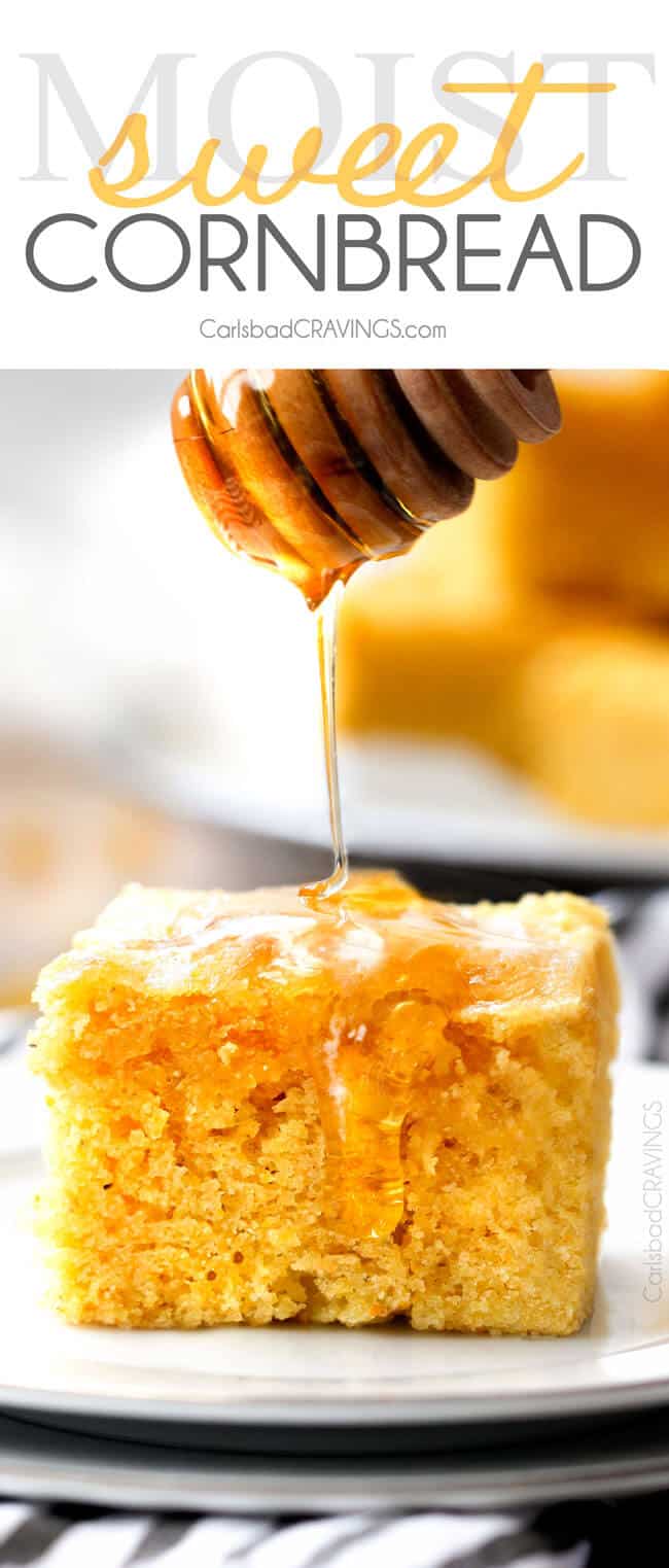 drizzling Sweet Cornbread with honey on a white plate