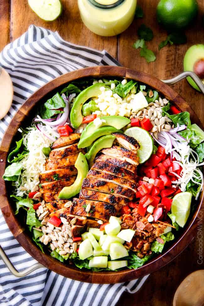 Chipotle Chicken Salad in a wood bowl.