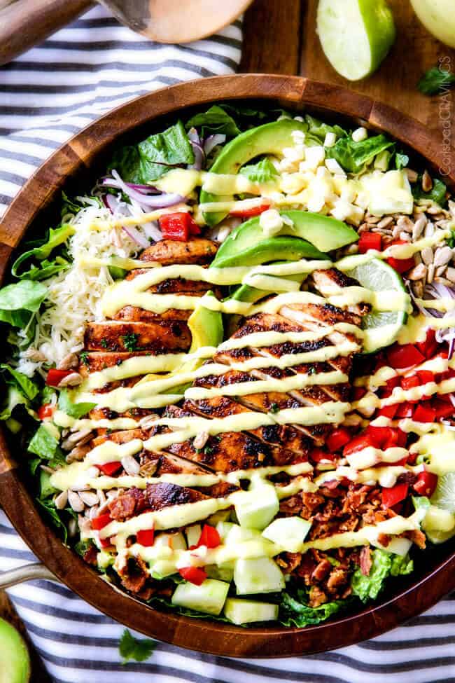 Top view of a full Chipotle Chicken Salad with Honey Lime Mango Dressing.