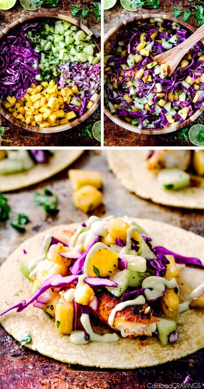 a collage of toppings for tilapia fish tacos with a bowl of cabbage, cucumbers, pineapple 