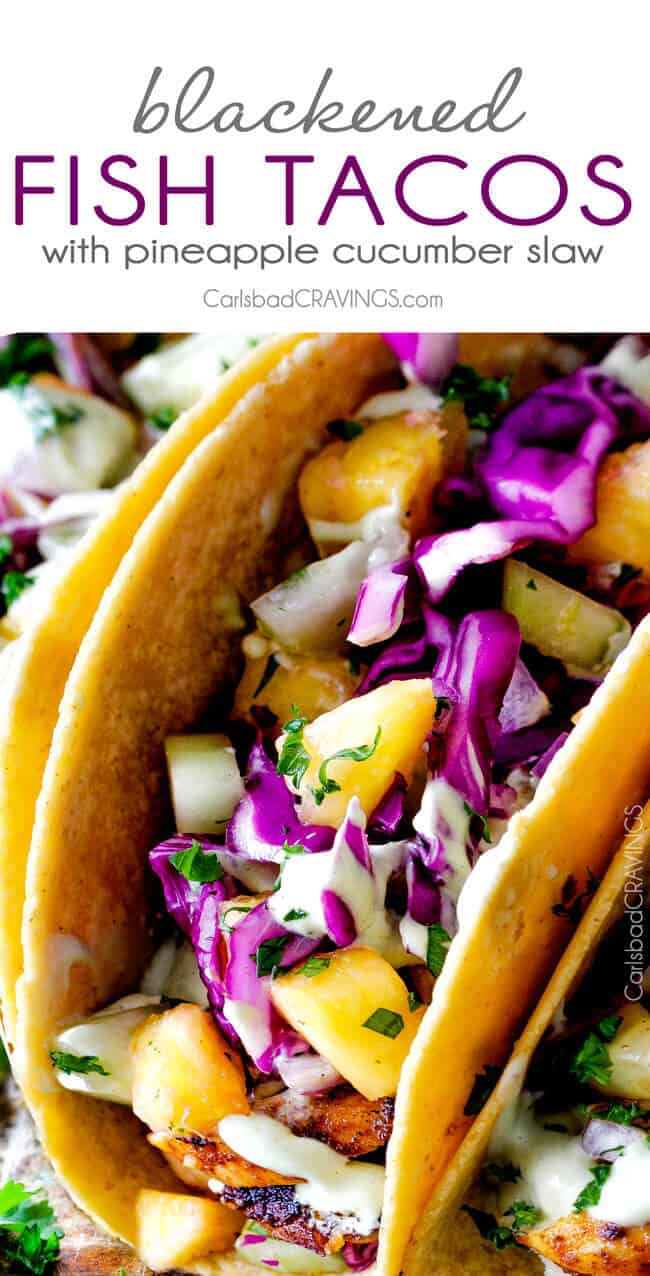up close of Tilapia fish Tacos with pineapple ad cabbage in a corn tortilla