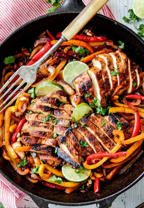 easy Skillet Chicken Fajitas - these are the BEST chicken fajitas! the marinade is seriously the best I've ever tried - better than any restaurant! My family LOVES these this filling so much we also use it for filling in burritos, enchiladas and salads!