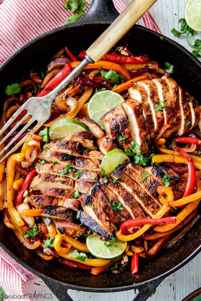 The BEST Chicken Fajitas with Chipotle Lime Crema (VIDEO + make ahead)