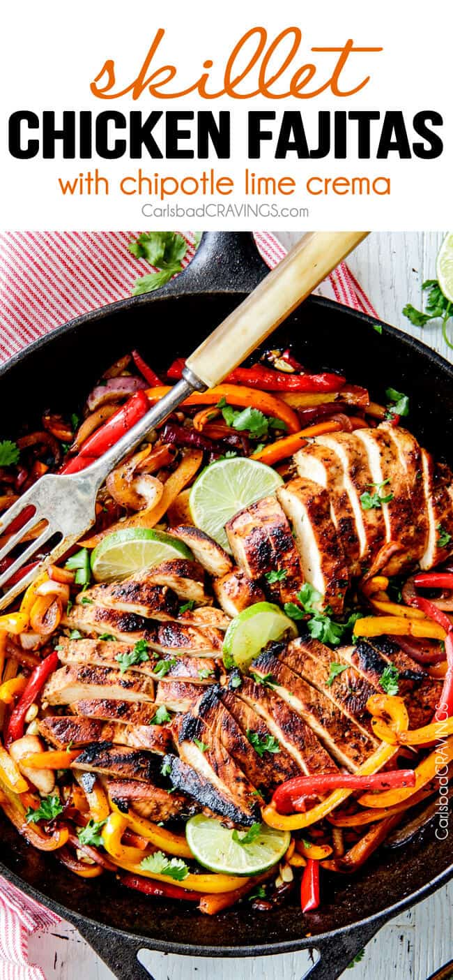 easy chicken fajitas in a skillet with bell peppers, onions and lime