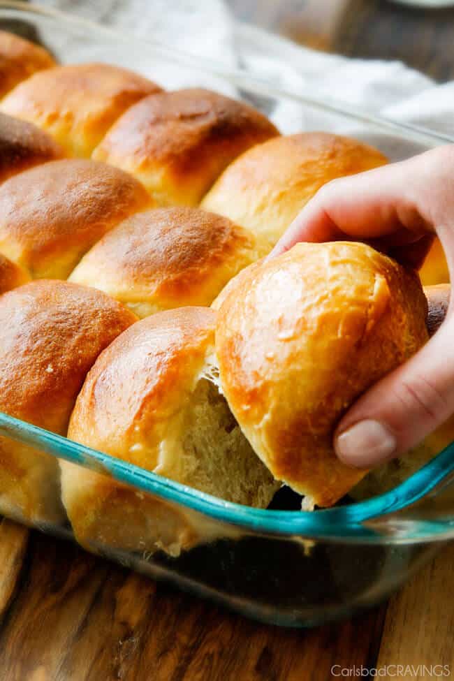 Fresh baked Hawaiian Sweet Rolls baked in a pan.