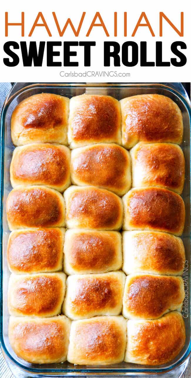 Hawaiian Sweet Rolls baked in a pan.