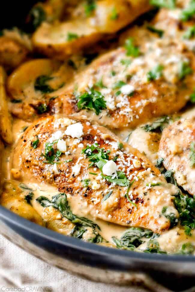 Close up of Minute Maple Dijon Chicken Skillet with Fingerling Potatoes and Spinach.