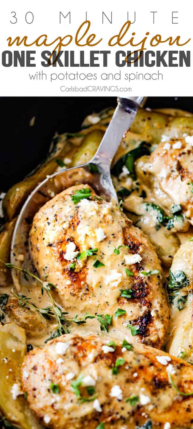 Maple Dijon Chicken Skillet serving with a spoon.