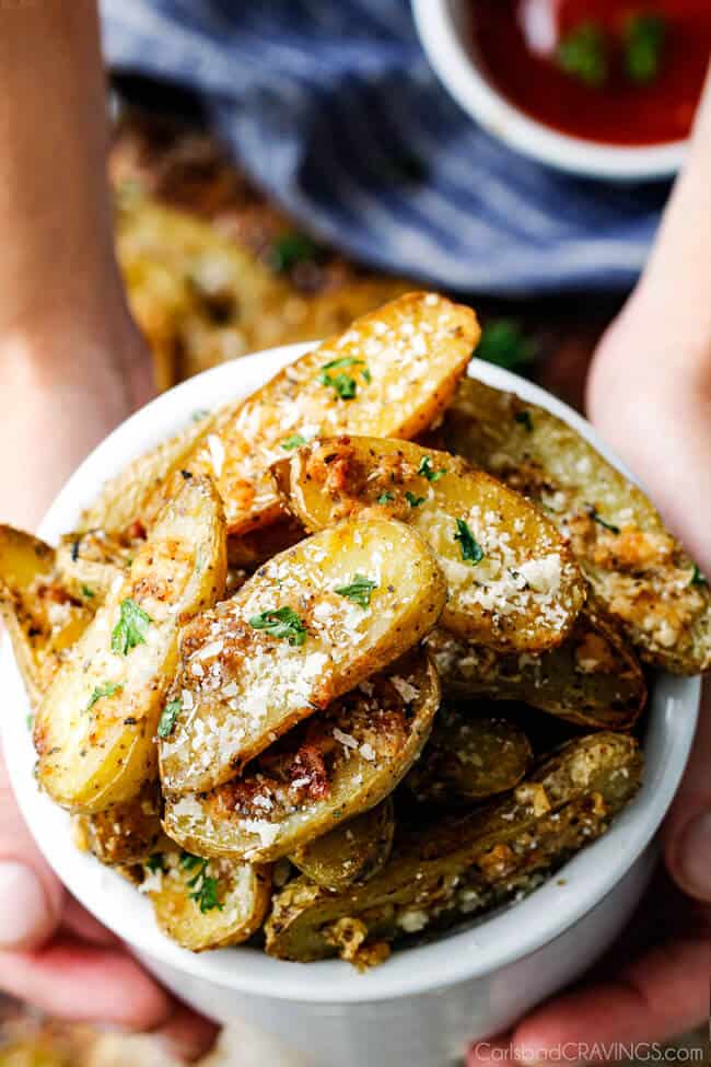 Easy baked Parmesan Fingerling Potato Fries with a crispy exterior and creamy buttery interior make the perfect appetizer, snack or side you won't be able to stop munching! 