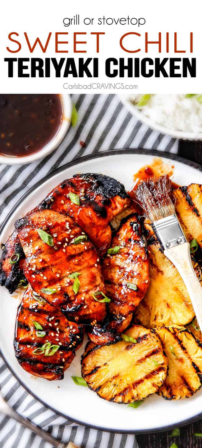 top view of easy teriyaki Chicken recipe with grilled pineapple