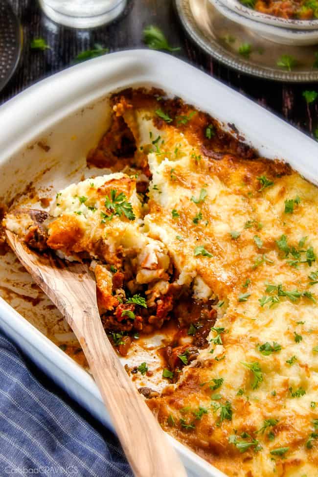 a wood spoon in the best Shepherd's Pie casserole dish