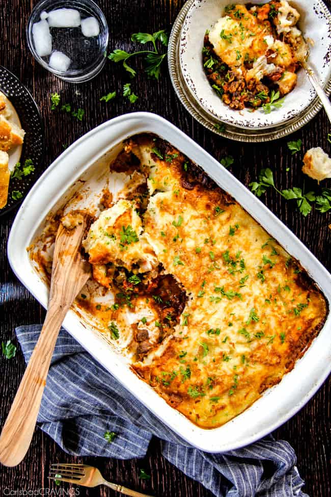 top view of the perfect shepherd's Pie in a white casserole dish 