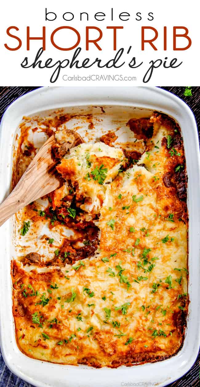 top view of classic shepherd's pie in a casserole dish half eaten