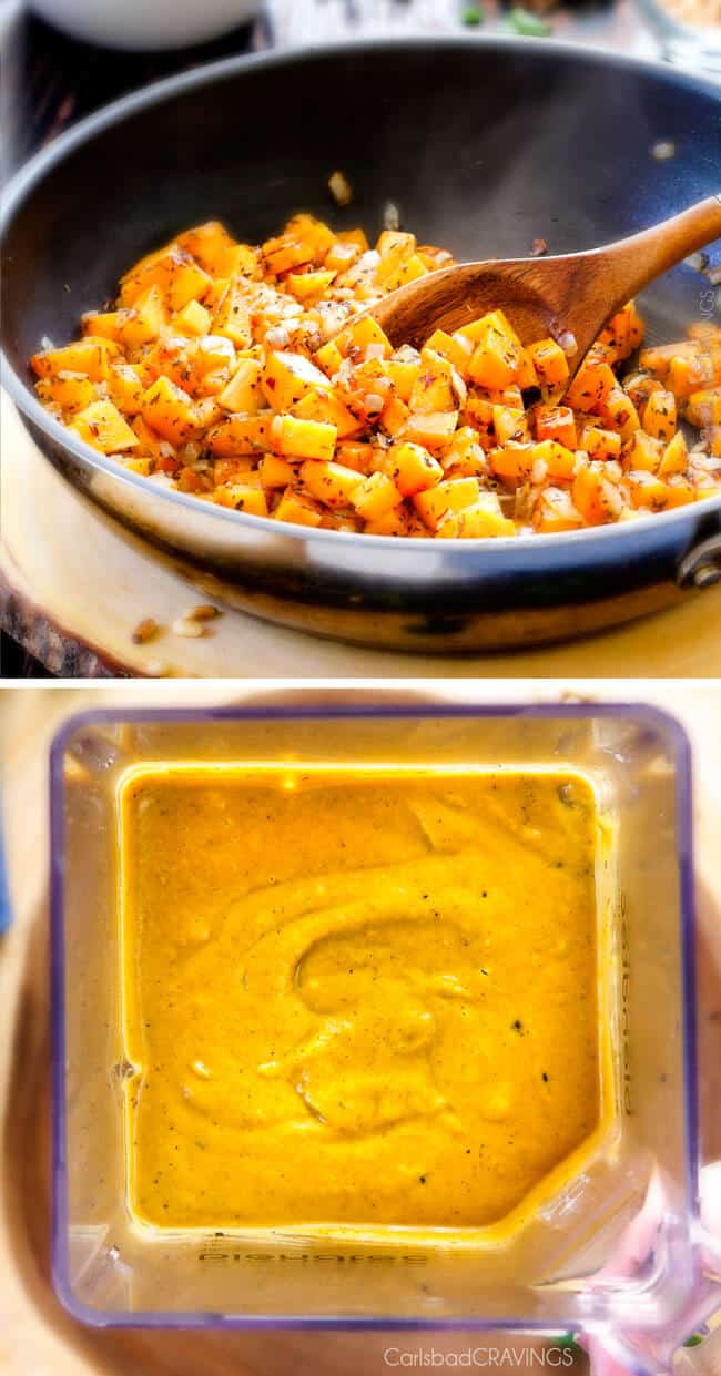 a collage showing how to make Butternut Squash Pasta sauce by cooking squash in a skillet then blending until creamy in a blender