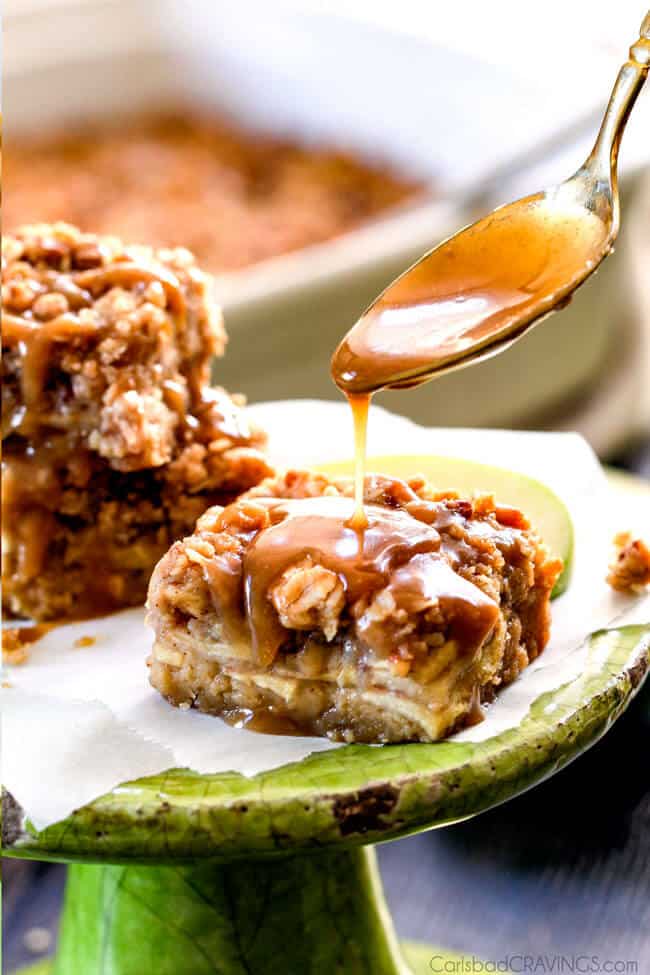 Salted Caramel Apple Pie Blondies with caramel being poured on top. 