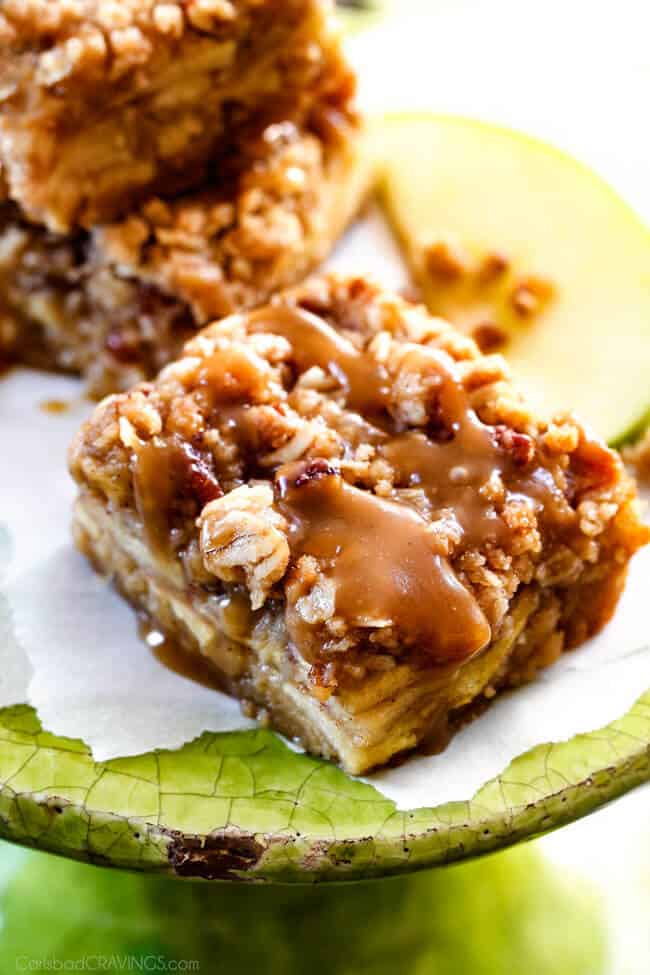 Salted Caramel Apple Pie Blondies on a green plate. 