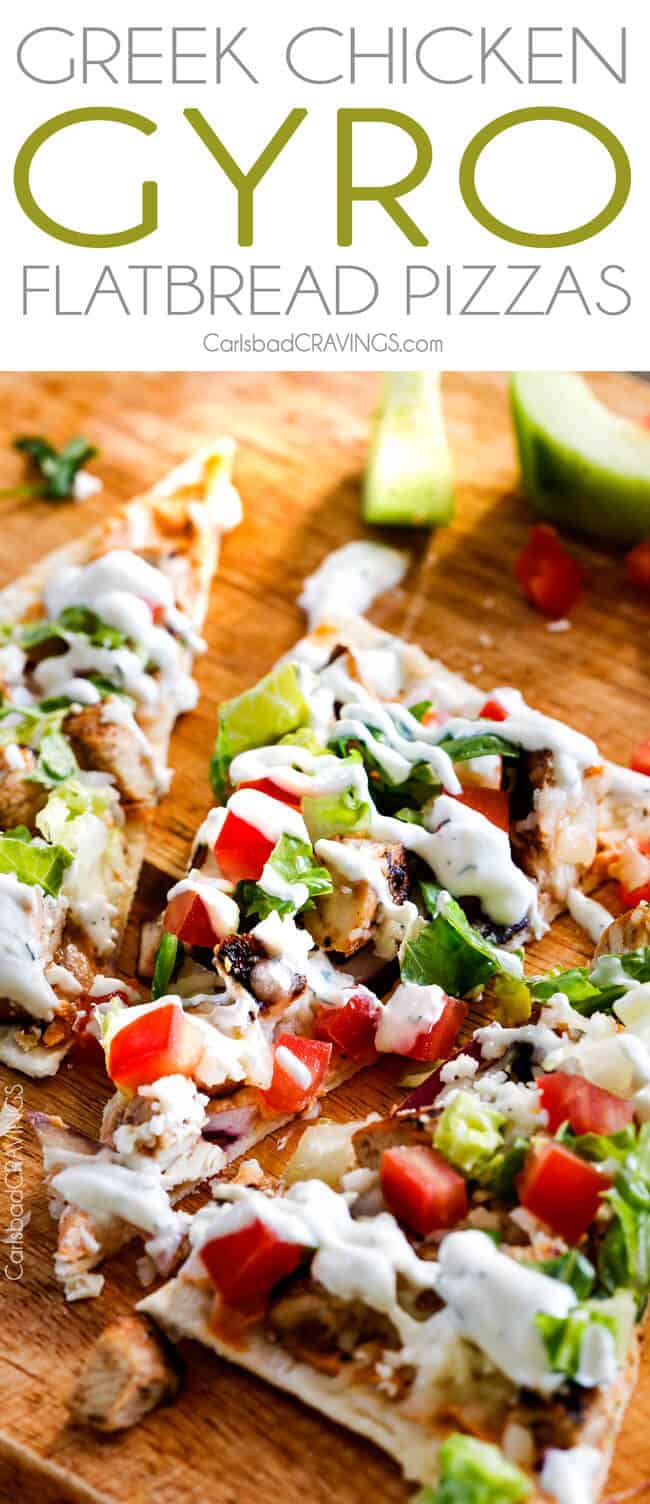 Gyro Pizza sliced on a cutting board with feta