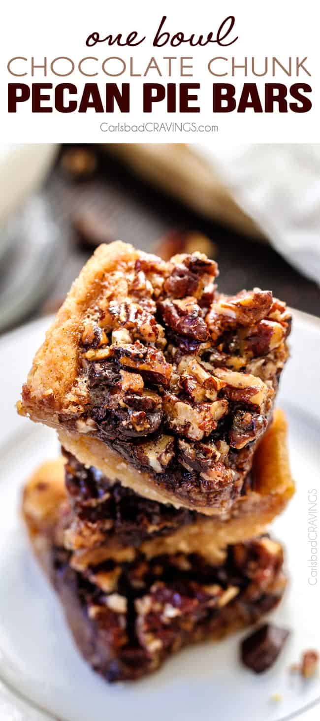 Easy ONE BOWL Chocolate Chunk Pecan Bars with a SUGAR COOKIE CRUST! these bars are AMAZING! Way better with chocolate chunks and the Sugar Cookie Crust is so soft and chewy.