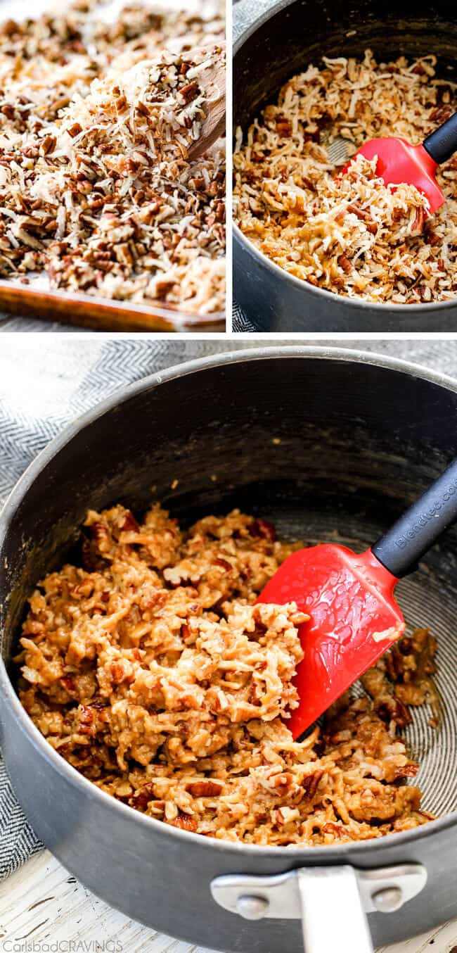 a collage of photos showing how to make German Chocolate Cupcakes by toasting coconut and making German Chocolate frostitng