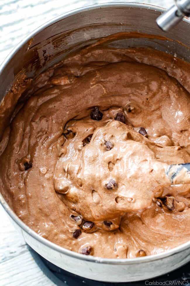 showing how to make German Chocolate Cupcakes by mixing batter together