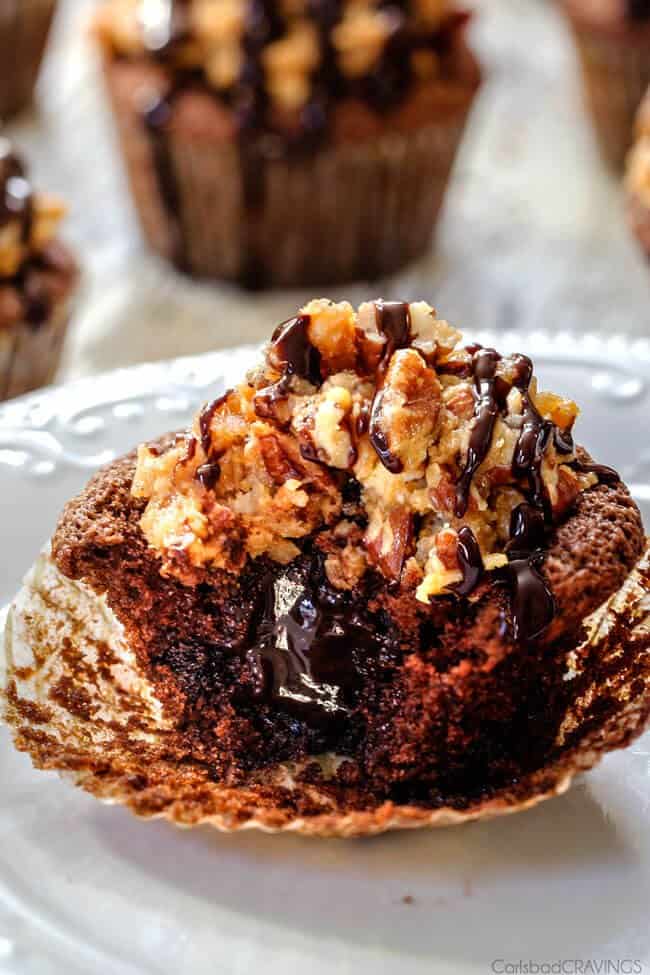 a bite taken out moist German Chocolate Cupcakes