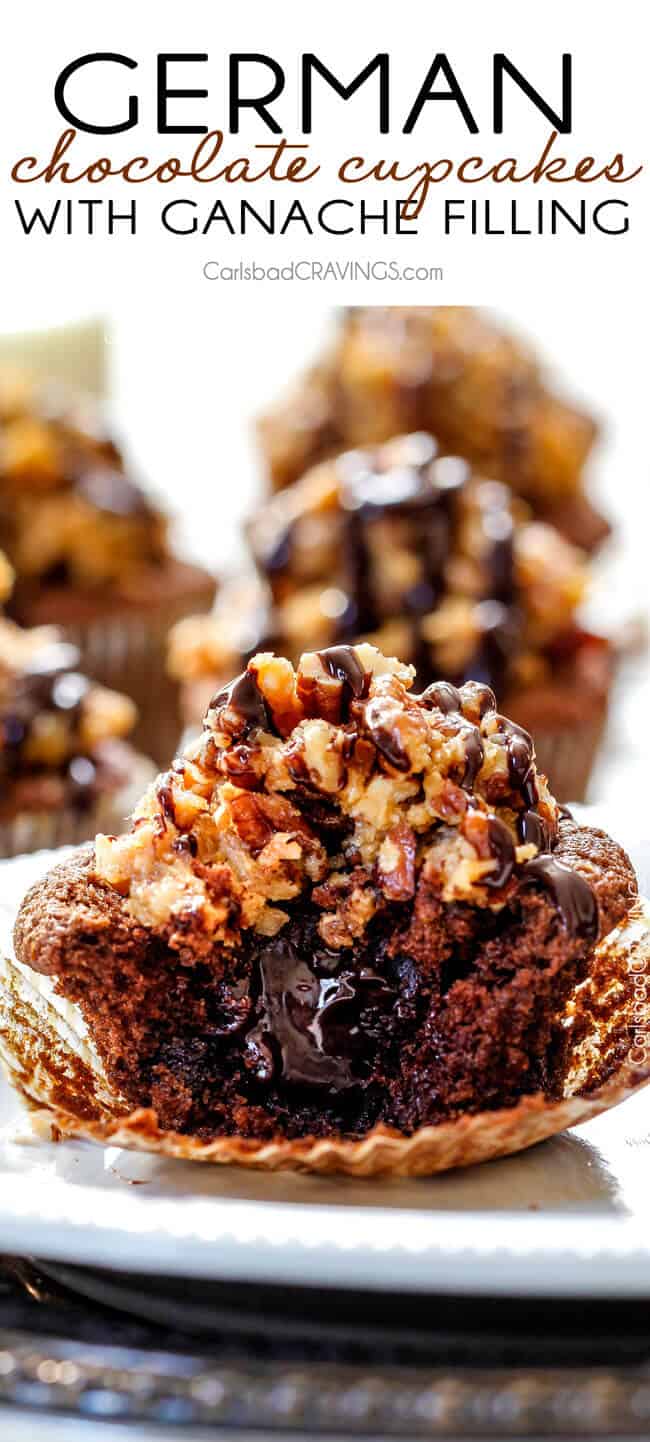 up close of German Chocolate Cupcakes cut in half showing ganache filling