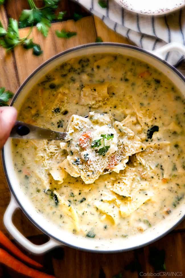 White Chicken Lasagna Soup in a bowl. 